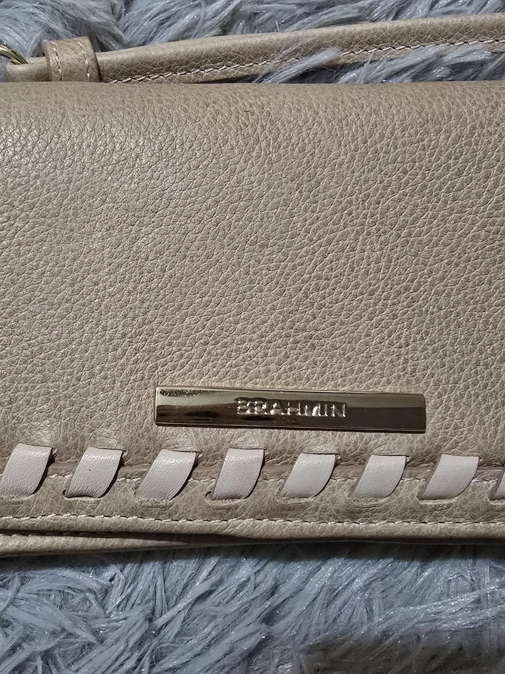 Brahmin Taupe Leather Wristlet Clutch with Gold Plaque
